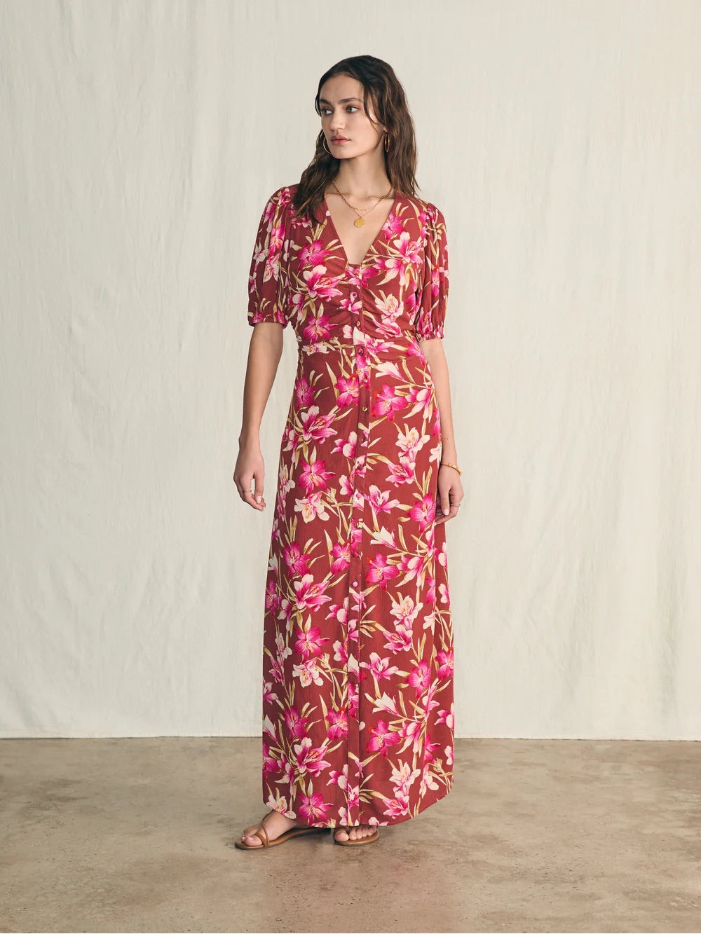 Faherty Floral V-Neck Maxi Dress in Brown and Pink